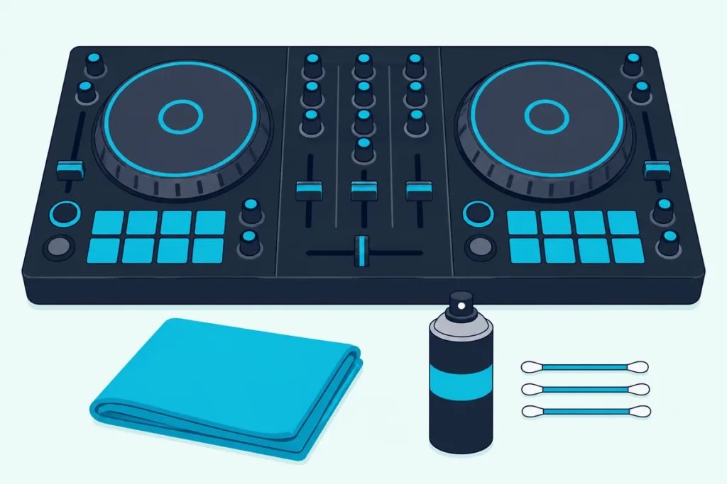 DJ controller on a desk with a folded cloth, a spray can and cotton swabs beside it