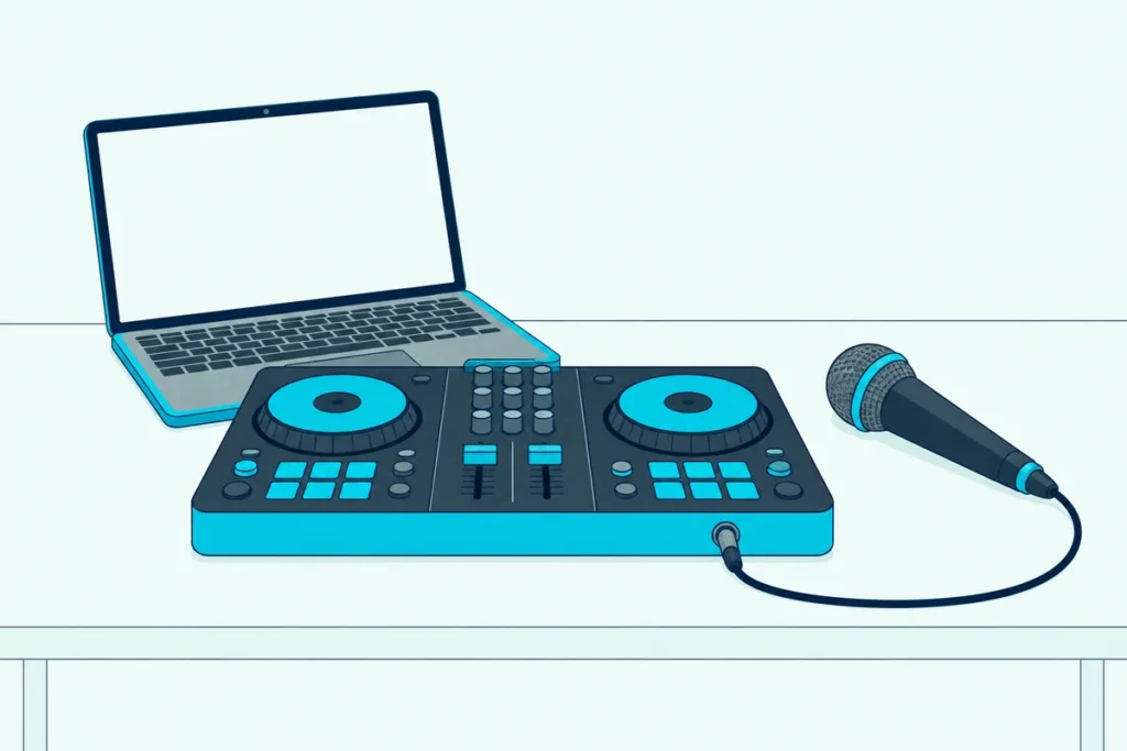 DJ controller with a handheld microphone cabled to a jack on its edge, and a laptop behind it
