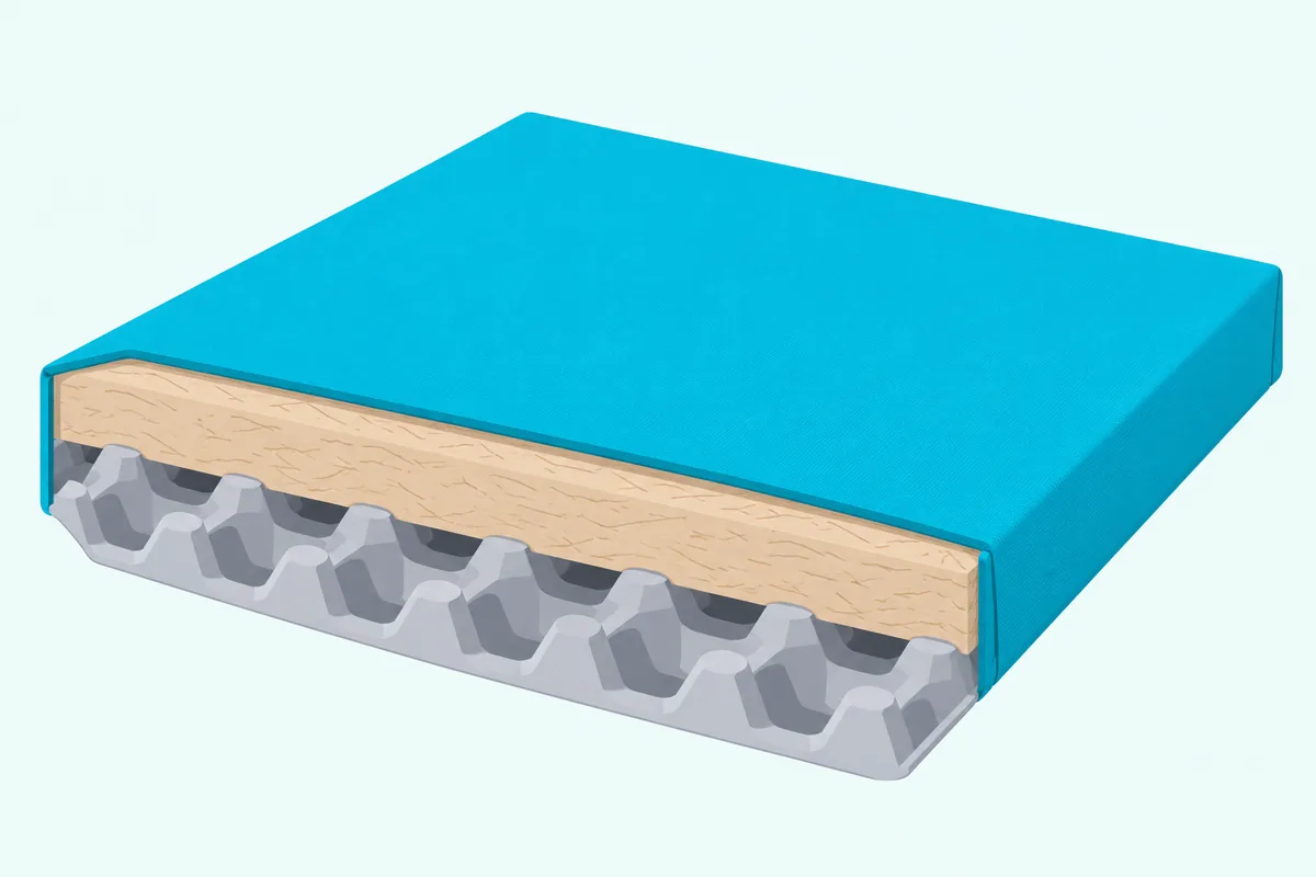 Cutaway of a square panel with a gray egg tray layer, a tan fibre layer and a teal fabric cover