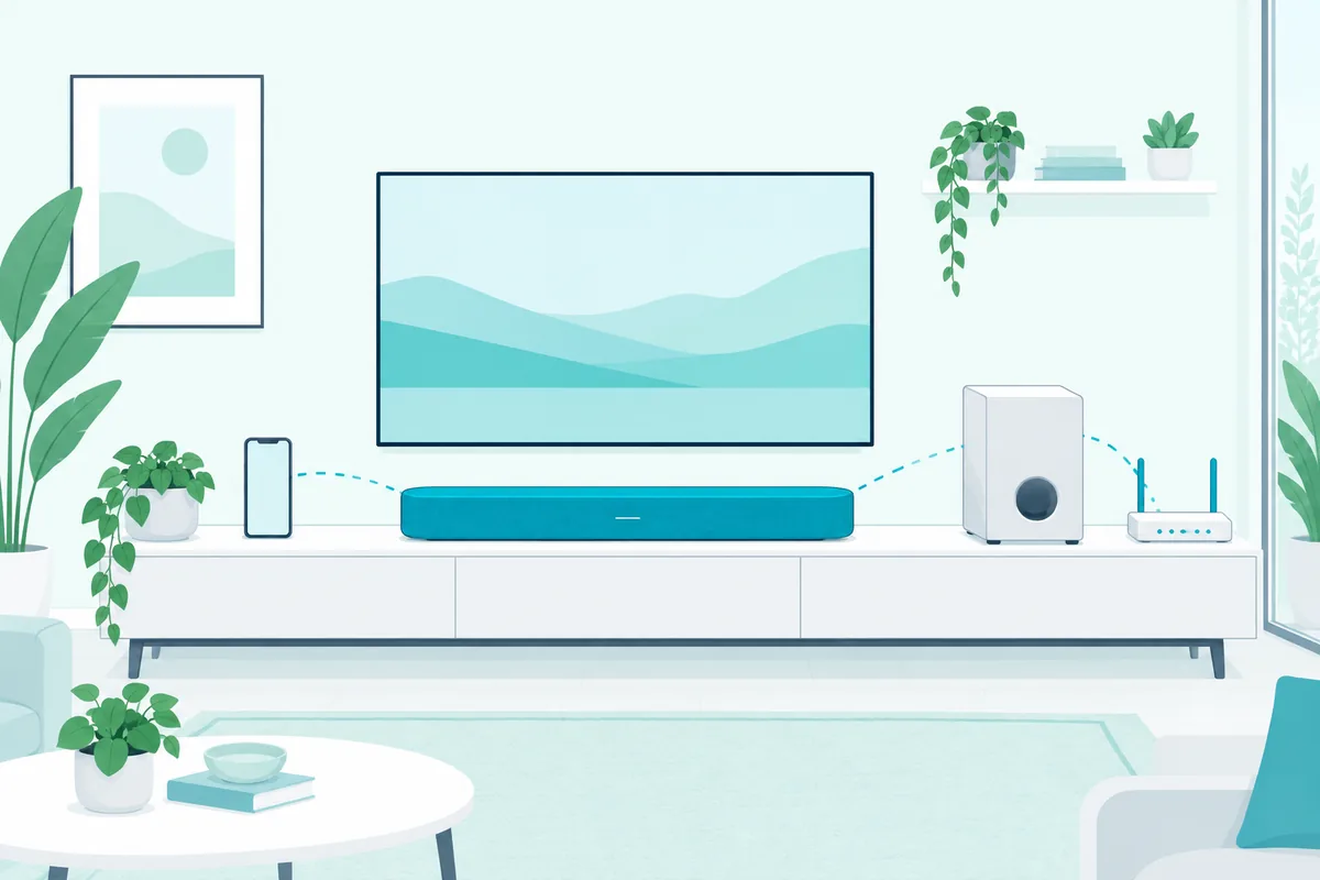 Soundbar with its paired phone, Wi-Fi router and subwoofer connections fading away after a factory reset