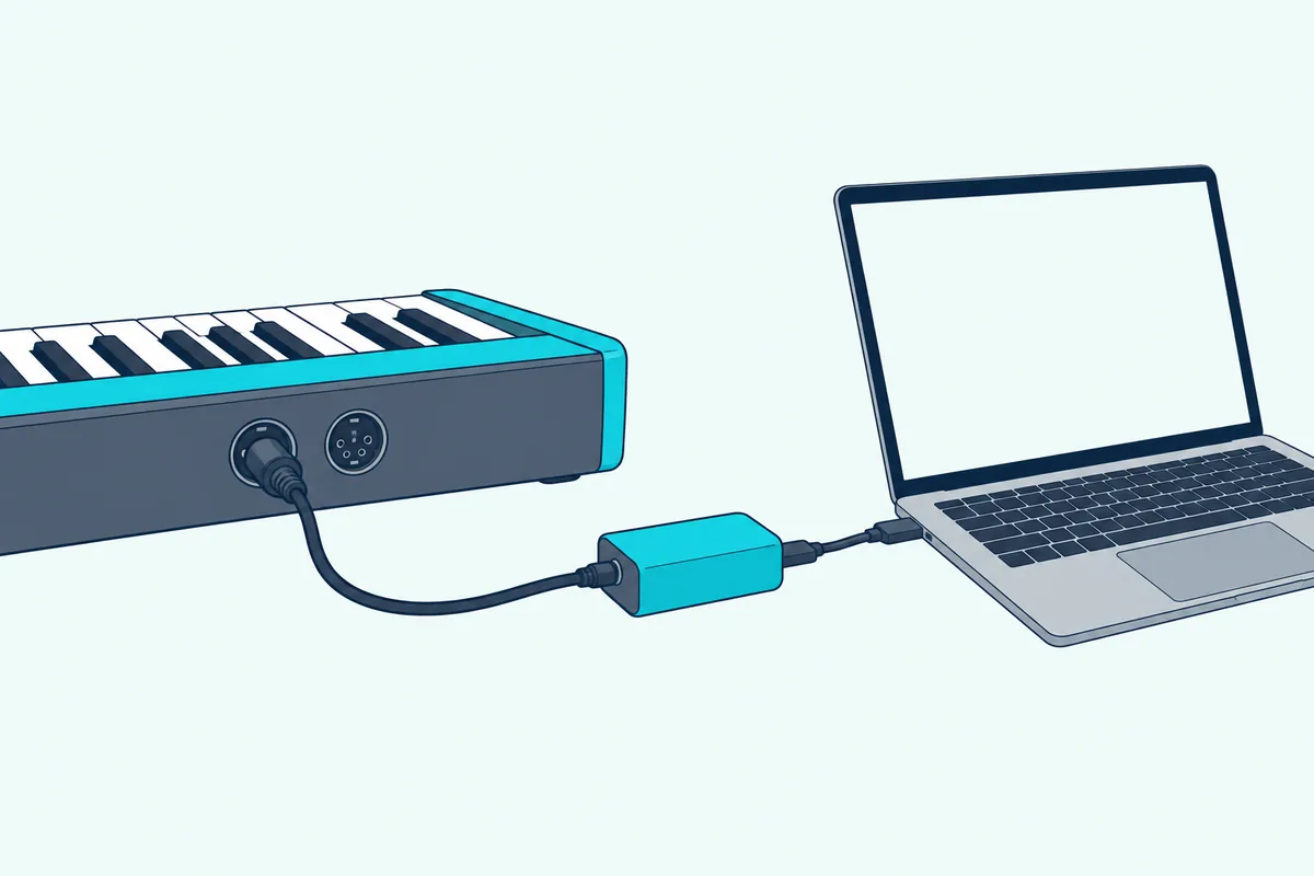 Five-pin MIDI cable running from a keyboard's back panel to a small USB adapter connected to a laptop