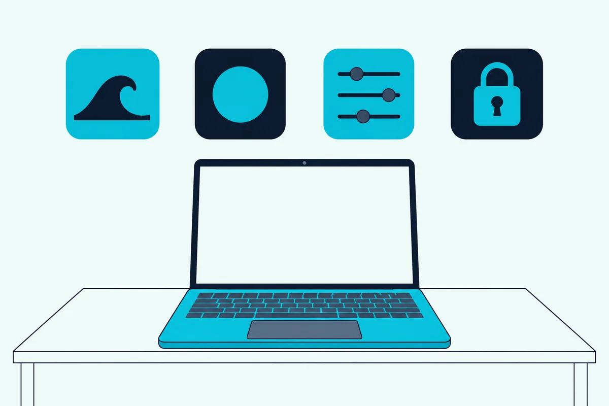 Four program icons floating above a laptop, each showing a different simple shape
