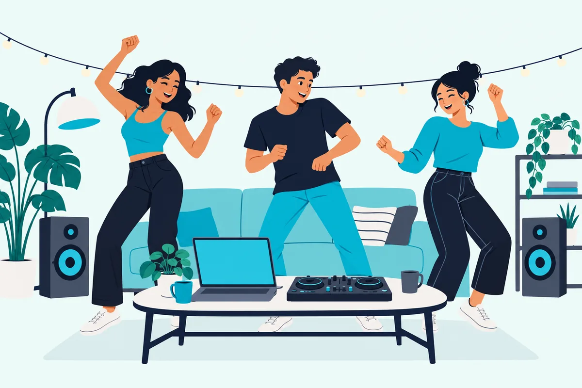 Friends dancing in a living room beside a laptop and DJ controller on a coffee table