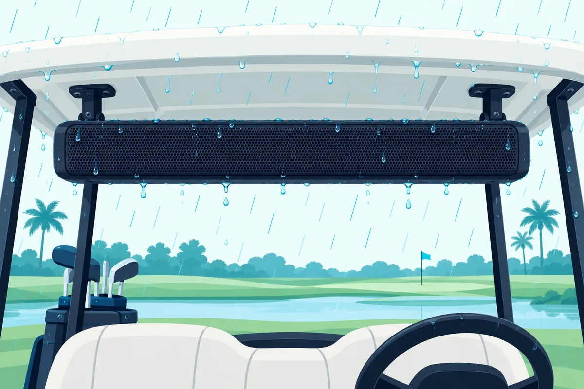 Rain running off a golf cart soundbar's grille, the weather its IP rating describes