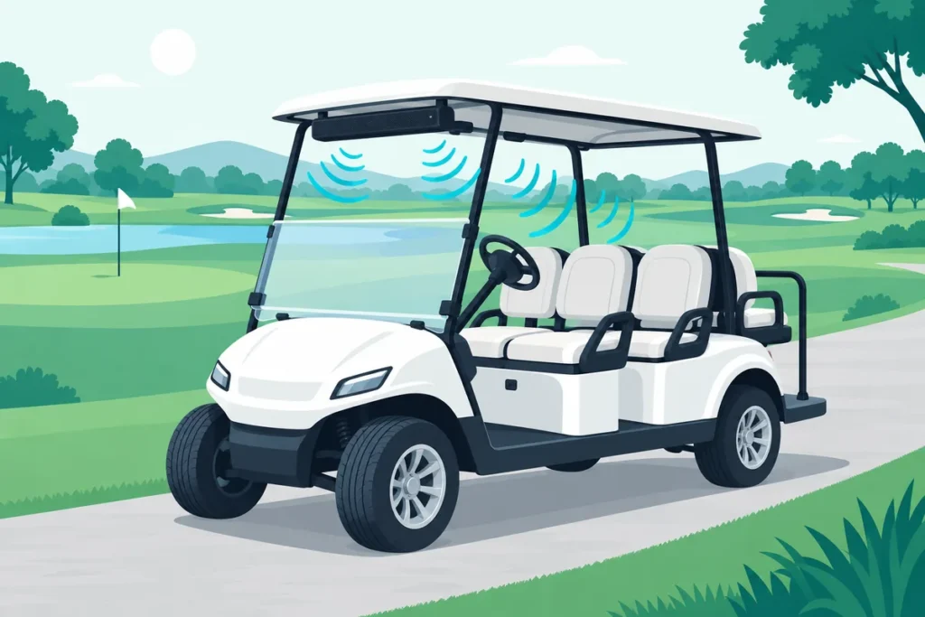 Golf cart on a cart path with a soundbar mounted under the front of its roof