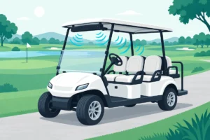 Golf cart on a cart path with a soundbar mounted under the front of its roof
