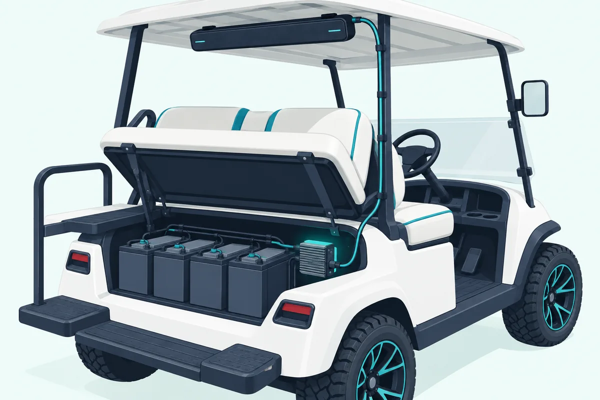 Voltage converter beside an electric golf cart's batteries, feeding a 12-volt soundbar