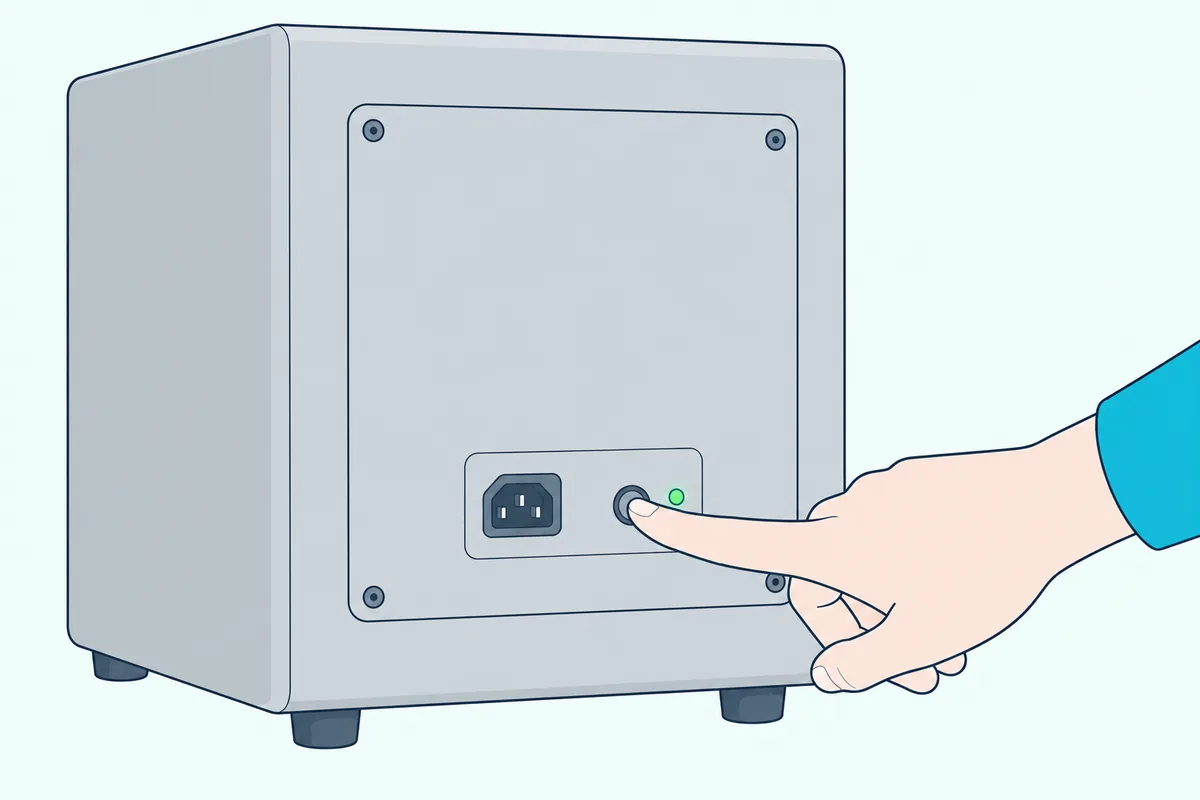 Finger pressing the small pairing button on the back of a wireless subwoofer beside its green light
