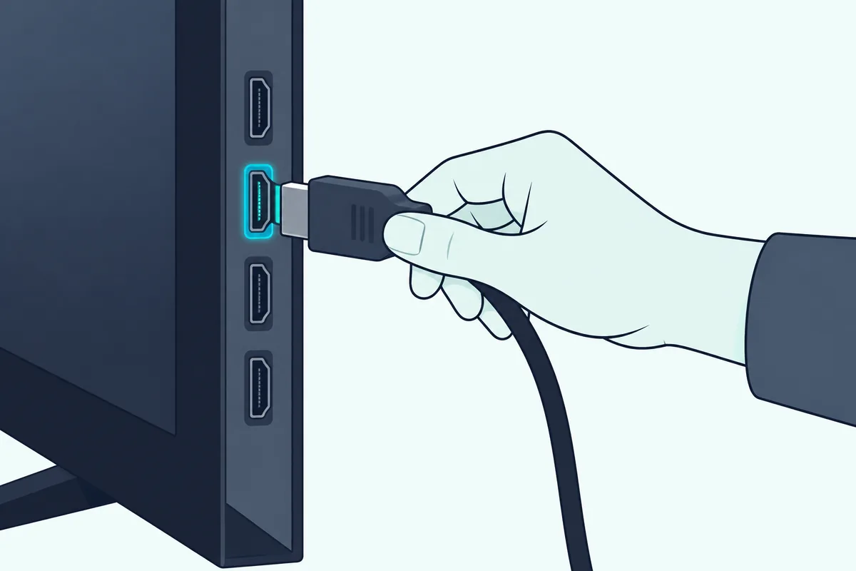 Hand plugging an HDMI cable into the one glowing ARC port among a TV's HDMI ports