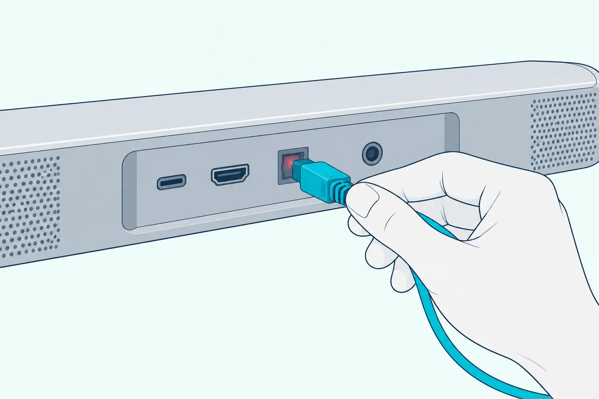 Hand pushing a small optical audio cable into the rear port of a slim soundbar