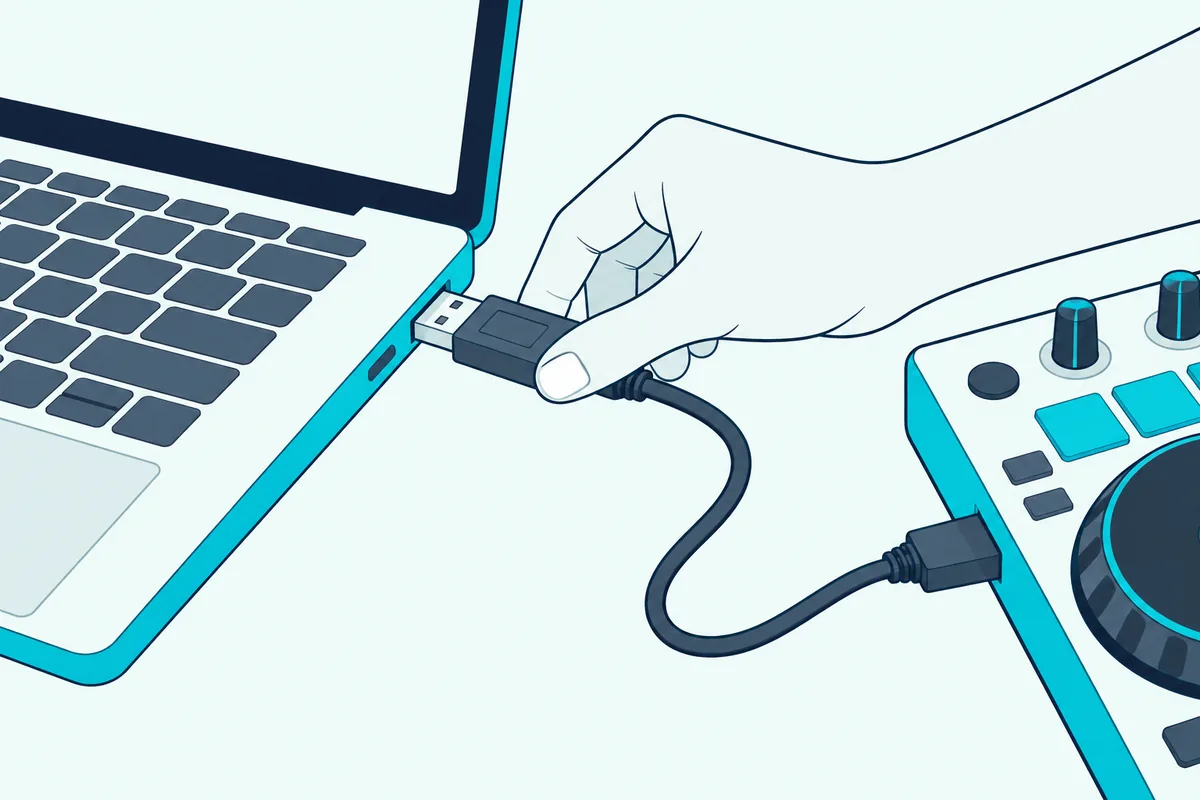 Hand plugging a USB cable into a laptop's side port with a DJ controller beside it