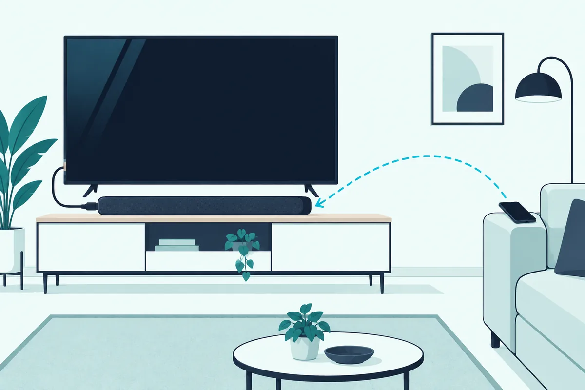 TV connected to a soundbar by HDMI cable while a phone streams music to it wirelessly