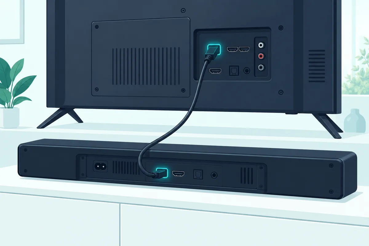 HDMI cable running from a TV's ARC port to the HDMI ARC port on the back of a soundbar