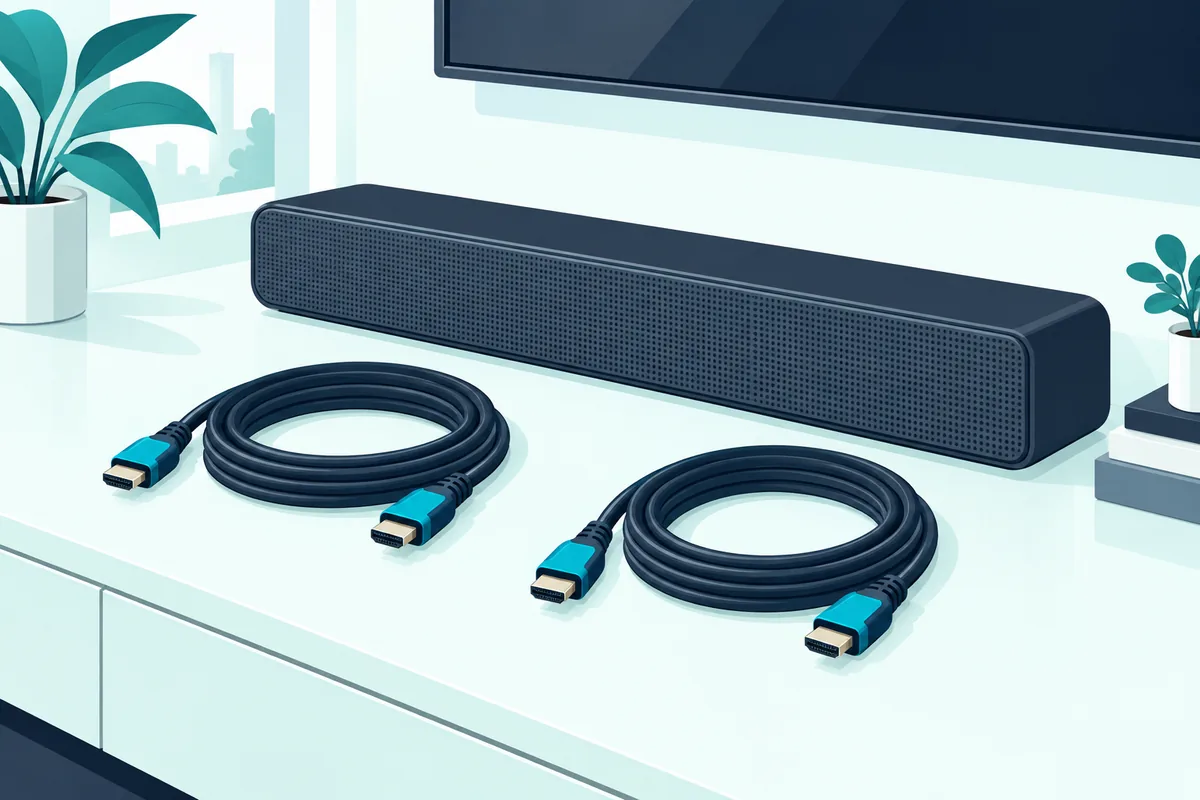 Coiled HDMI cables ready to connect a TV, soundbar and devices
