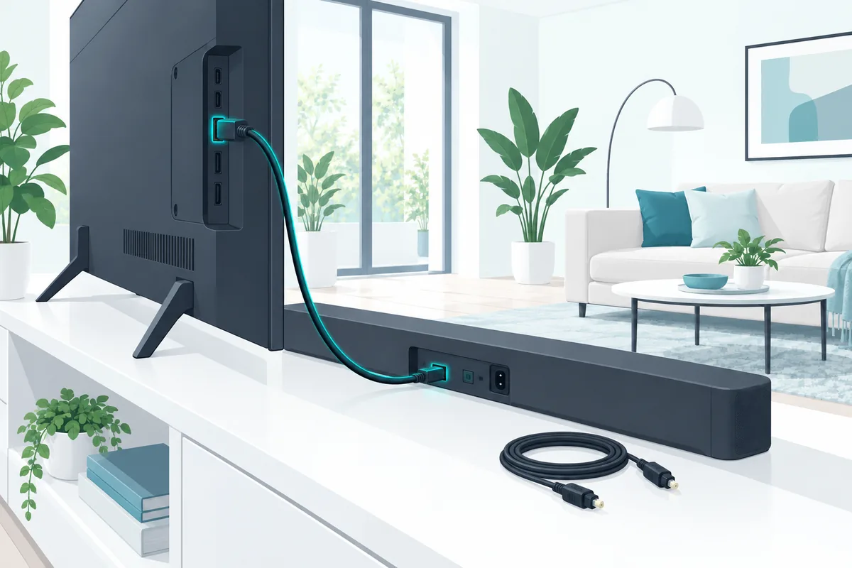 One HDMI cable linking a TV's ARC port to a soundbar, with an unused optical cable coiled beside it