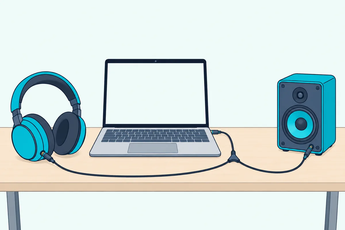 Headphone splitter cable with one plug going to headphones and the other to a speaker