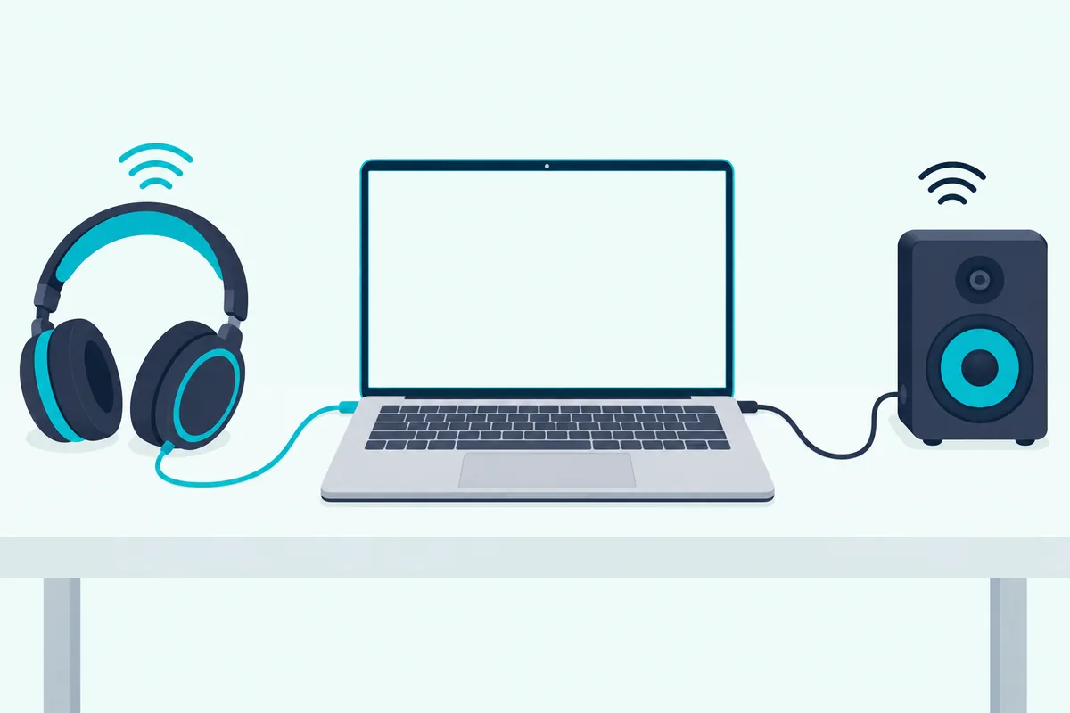 Laptop with one cable to headphones and another to a desktop speaker, each carrying its own sound