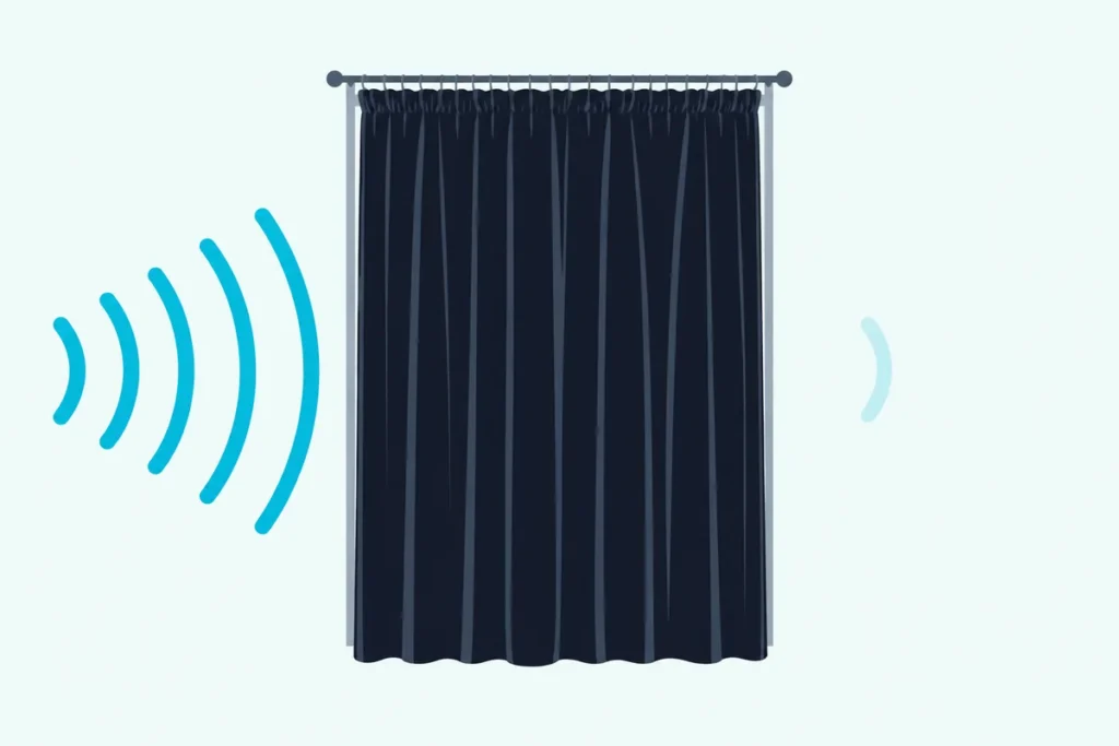 Heavy gathered curtain across a window with sound arcs outside and only a faint arc inside