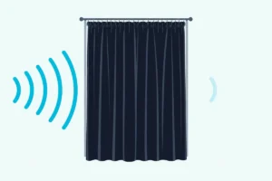 Heavy gathered curtain across a window with sound arcs outside and only a faint arc inside