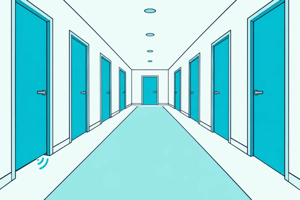 Hotel corridor with identical room doors and sound arcs slipping from under one door