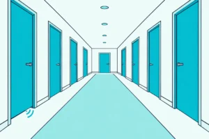 Hotel corridor with identical room doors and sound arcs slipping from under one door