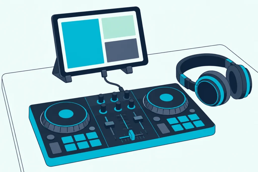 Tablet on a stand connected by a cable to a compact DJ controller with headphones beside it