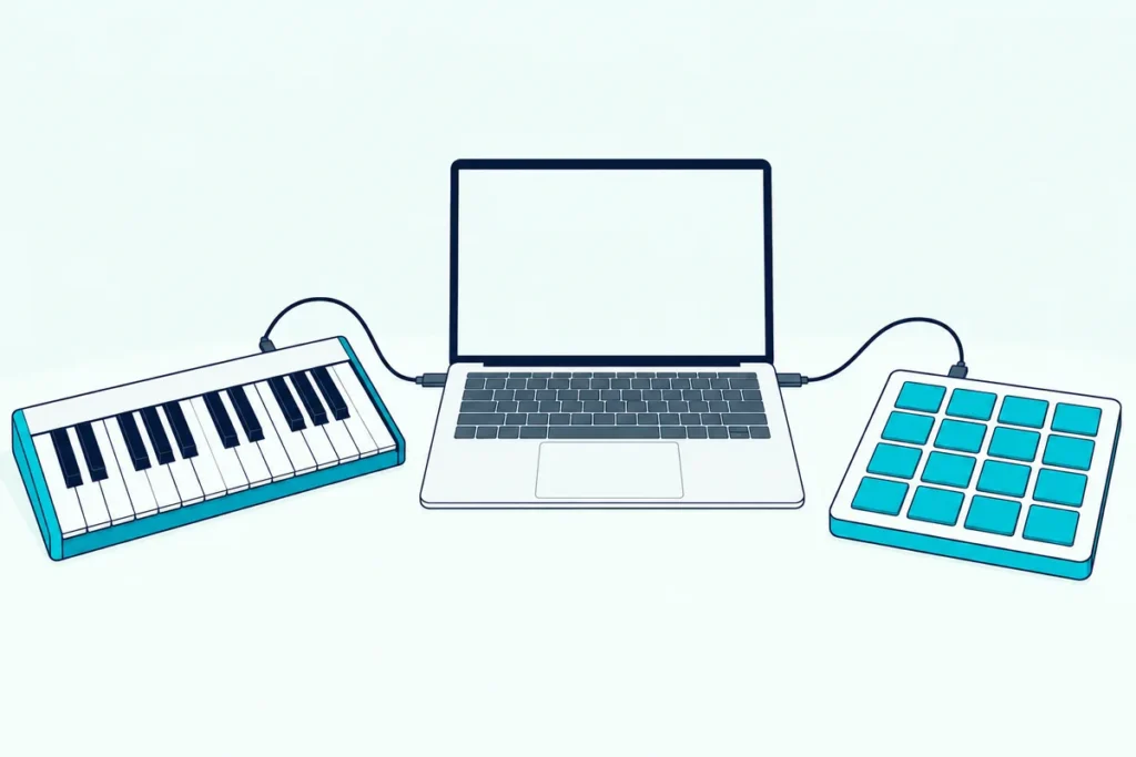 Slim MIDI keyboard and a pad controller each cabled to the same open laptop