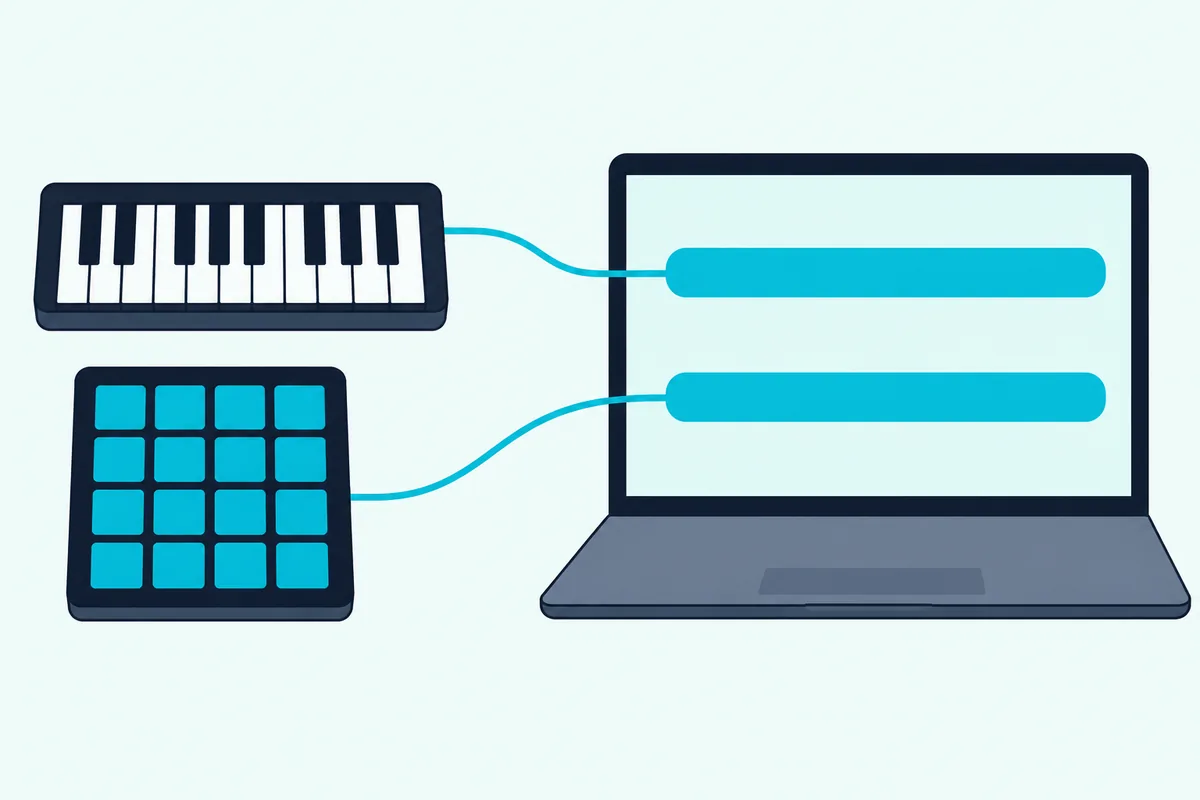 A keyboard and a pad controller each linked by a line to a separate track lane on a laptop screen