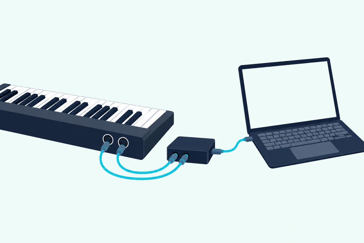 Keyboard with two five-pin sockets cabled through a small interface box to a laptop