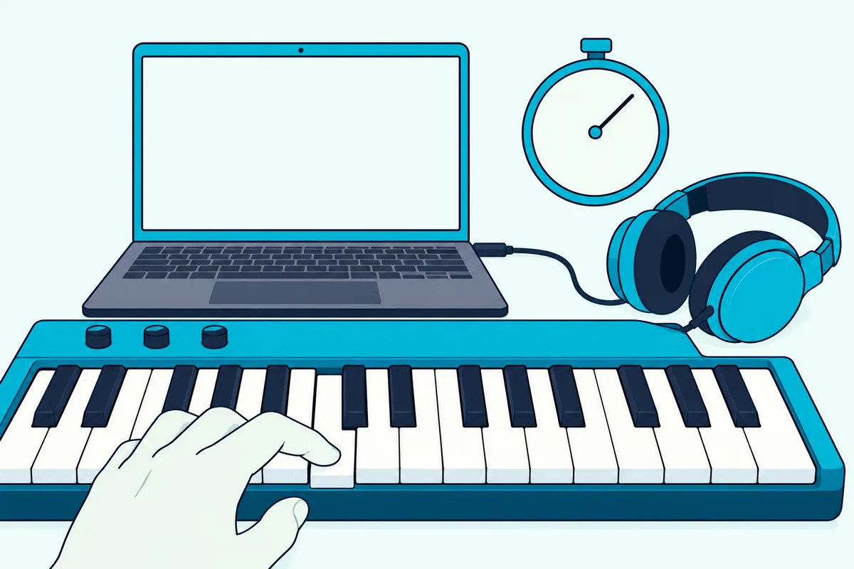 Hand pressing a piano-style MIDI keyboard key beside a stopwatch and a laptop with wired headphones