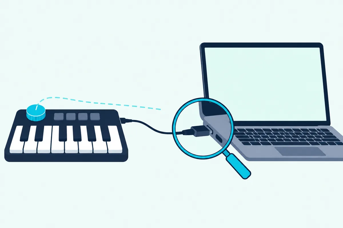 MIDI controller knob with a magnifying glass over the cable and a signal line that stops short