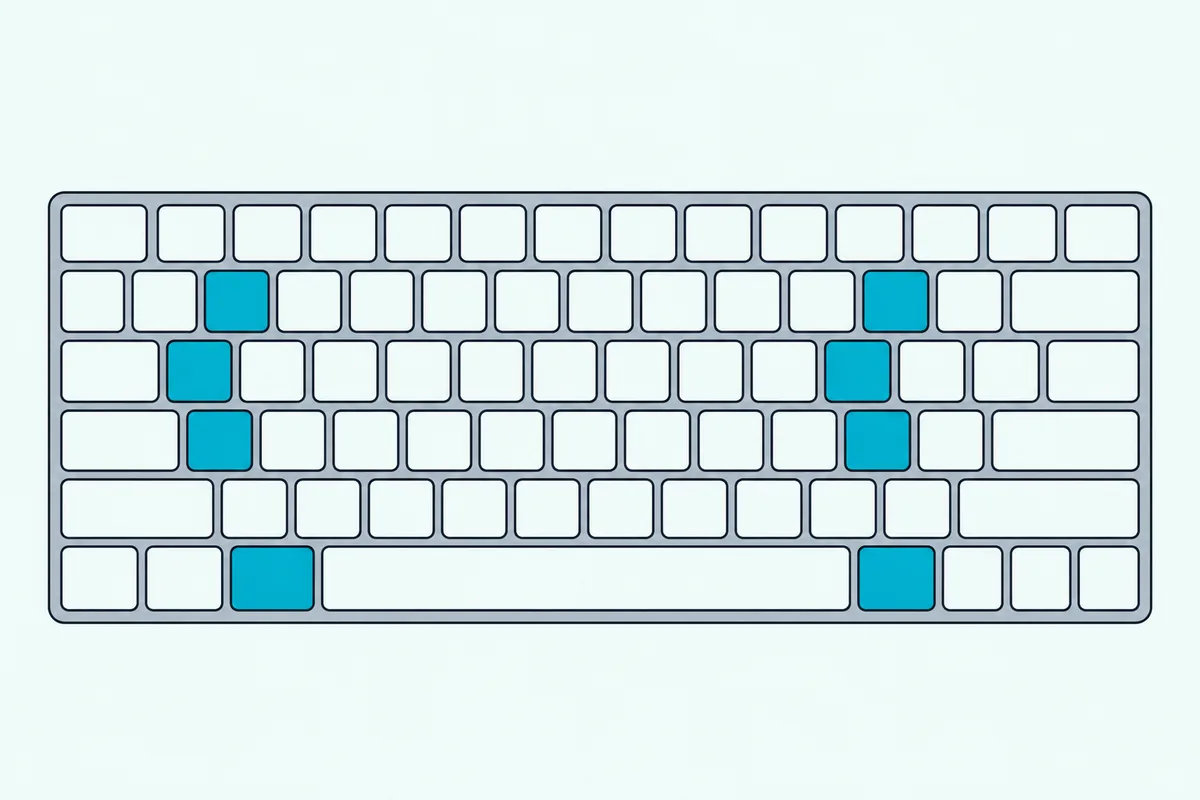 Laptop keyboard with a handful of blank keys lit in teal on each side of the layout