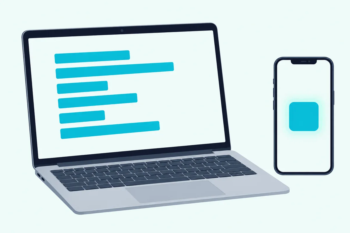 Laptop showing a list of teal bars beside a phone with one pad glowing