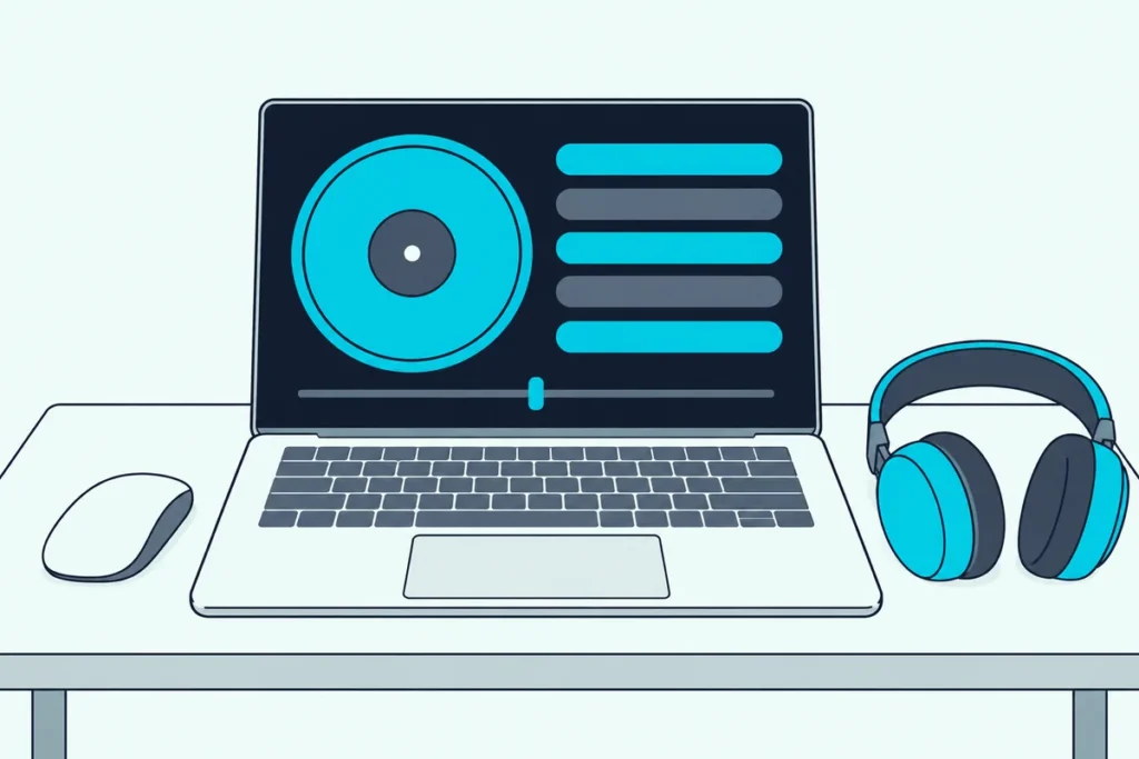 Laptop showing a deck, a track list and a crossfader with a mouse and headphones beside it
