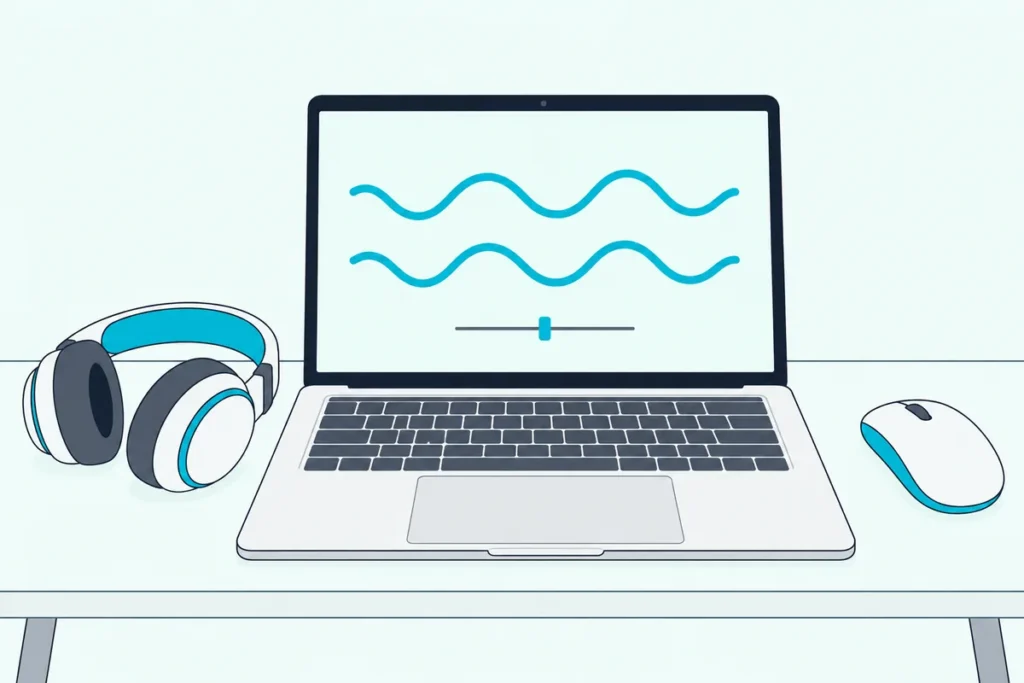 Open laptop showing two waveforms and a crossfader with a mouse and headphones on a desk