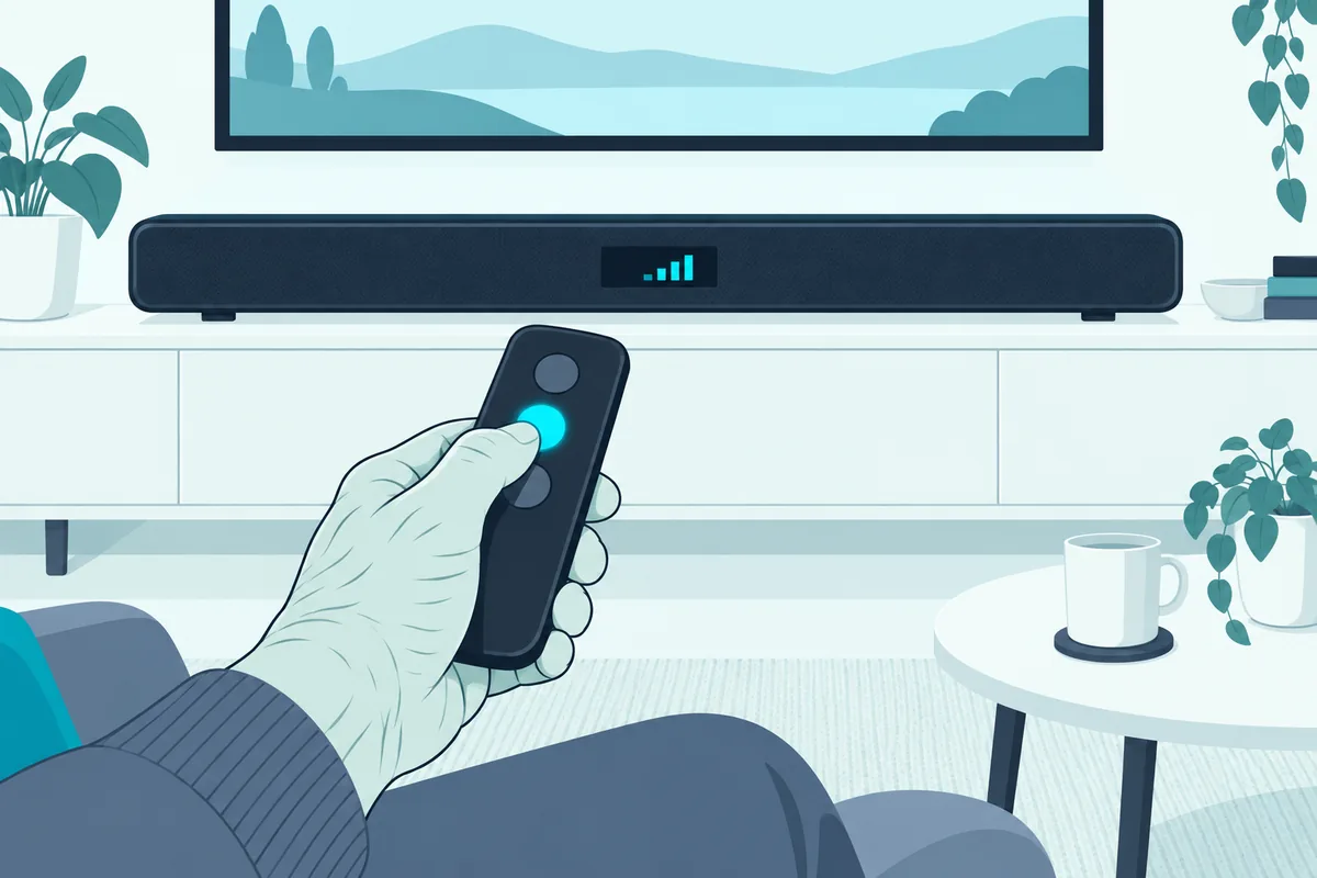 Hand pressing a large voice button on a simple remote while the soundbar shows its boost level