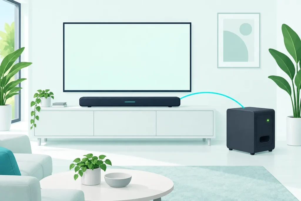 Soundbar and wireless subwoofer linked by a wireless arc, the green light showing an LG subwoofer pairing