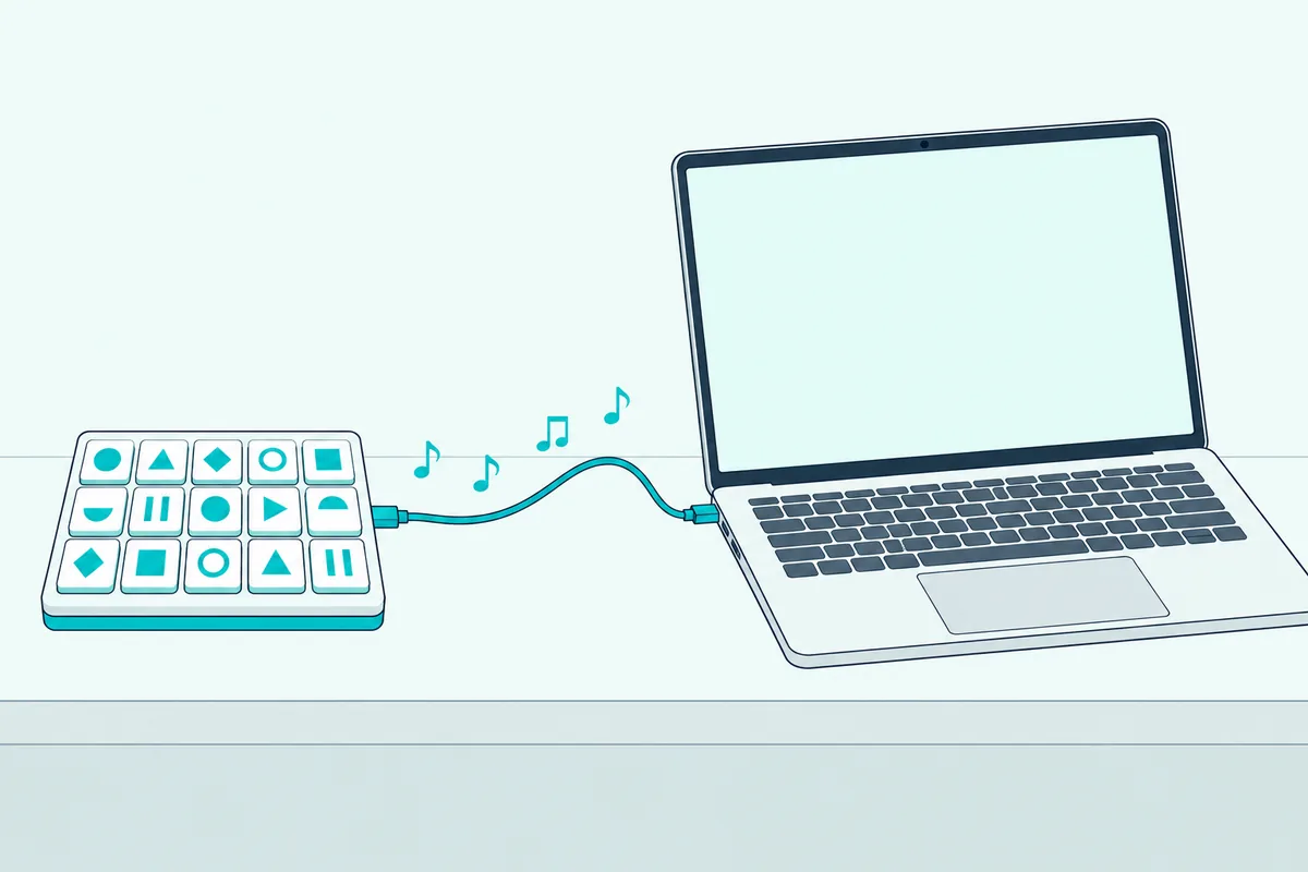 Macro pad sending small teal notes along a cable into an open laptop