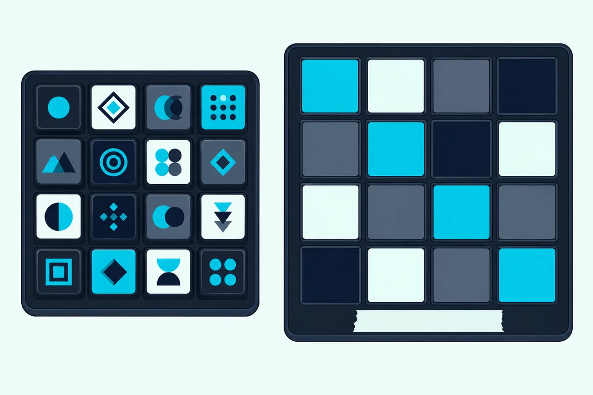 Macro pad with icons on every key beside a MIDI pad grid with plain unlabeled pads