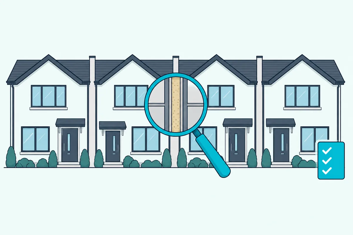 Magnifying glass over the shared wall between two townhouses beside a checklist card with tick marks