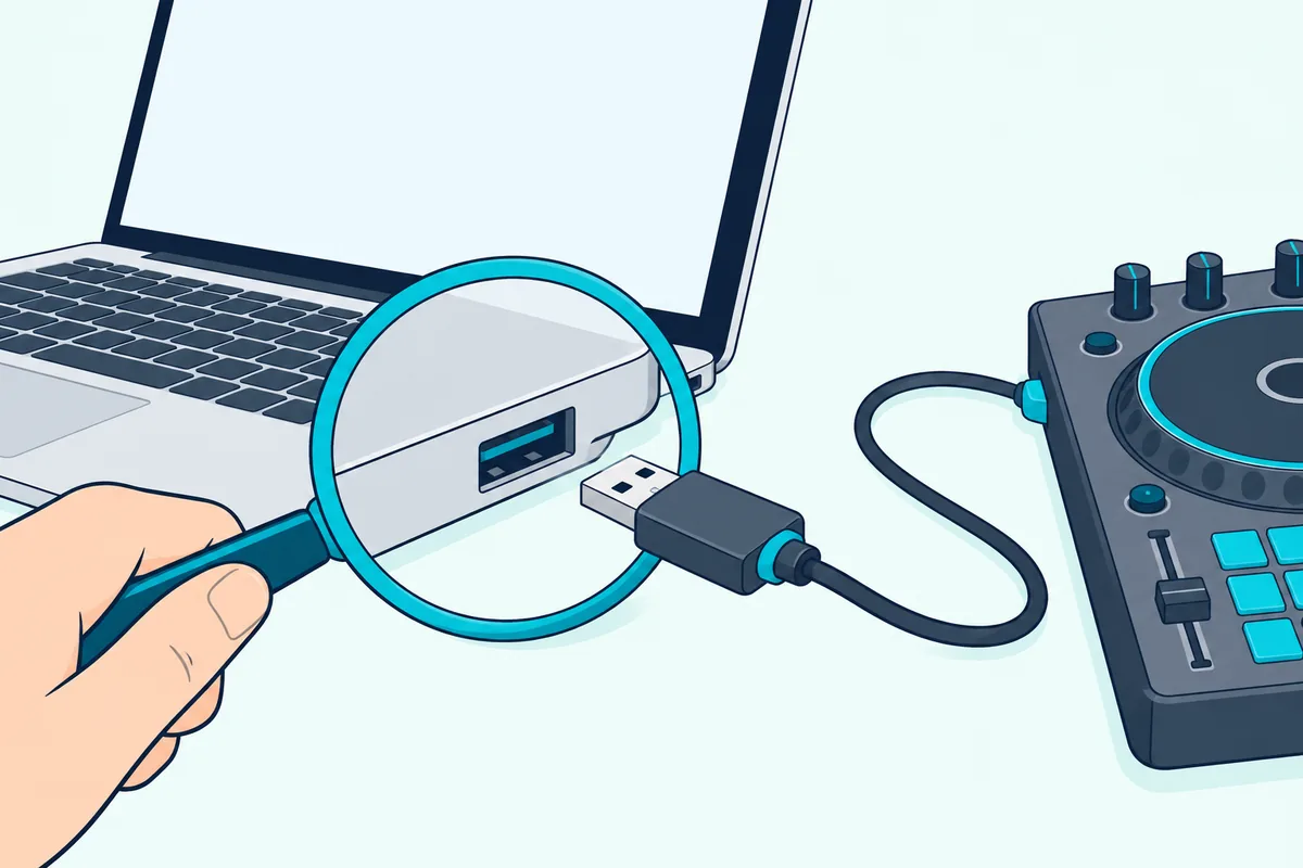 Magnifying glass held over a laptop's USB port beside a DJ controller