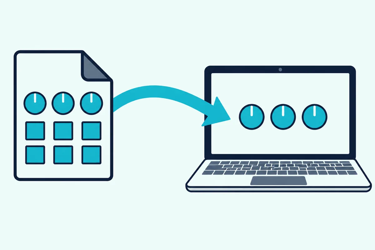 Mapping file icon with a grid of knobs and buttons and an arrow pointing into a laptop screen