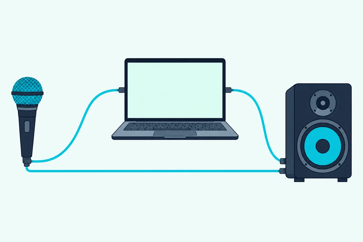 Microphone signal with one path through a laptop and one direct path to a speaker