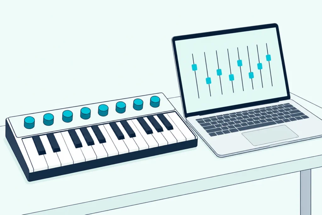 MIDI controller with knobs beside a laptop showing a row of sliders