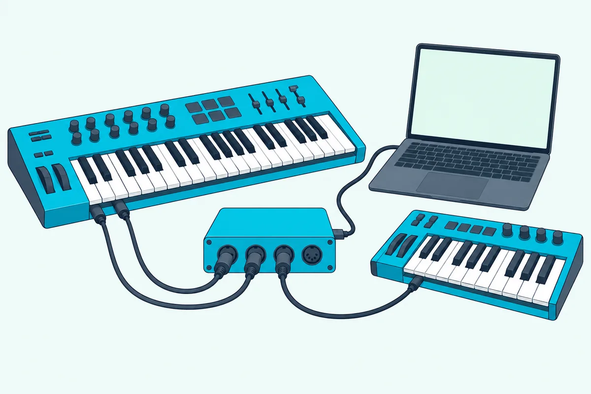 Small MIDI interface box with several five-pin cables running to keyboards and a USB cable to a laptop