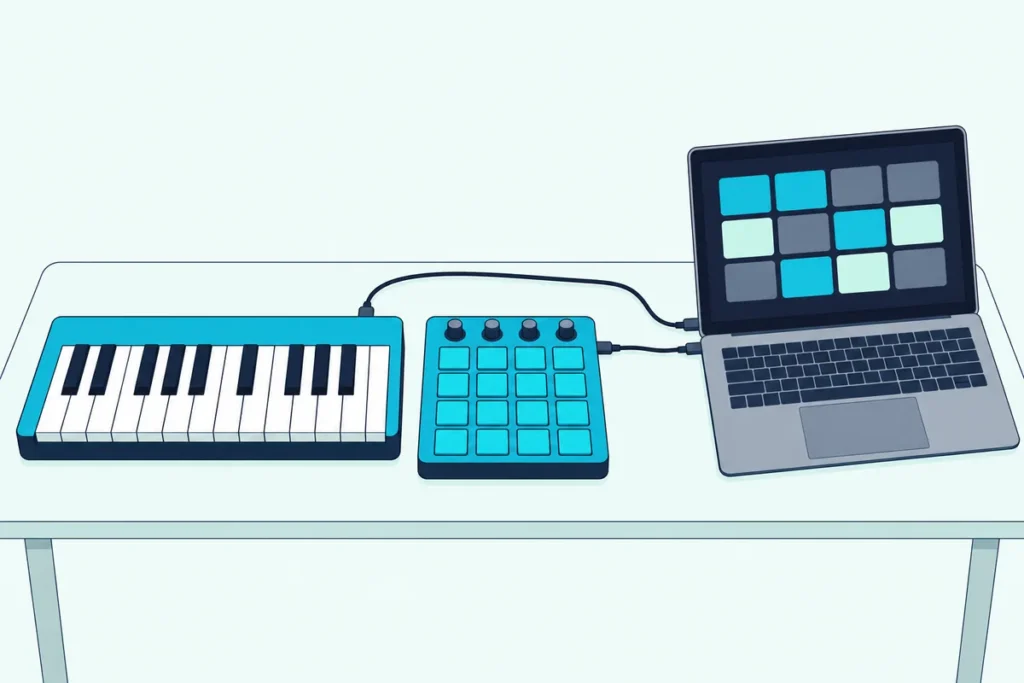 MIDI keyboard and pad controller each cabled to one open laptop showing a clip grid