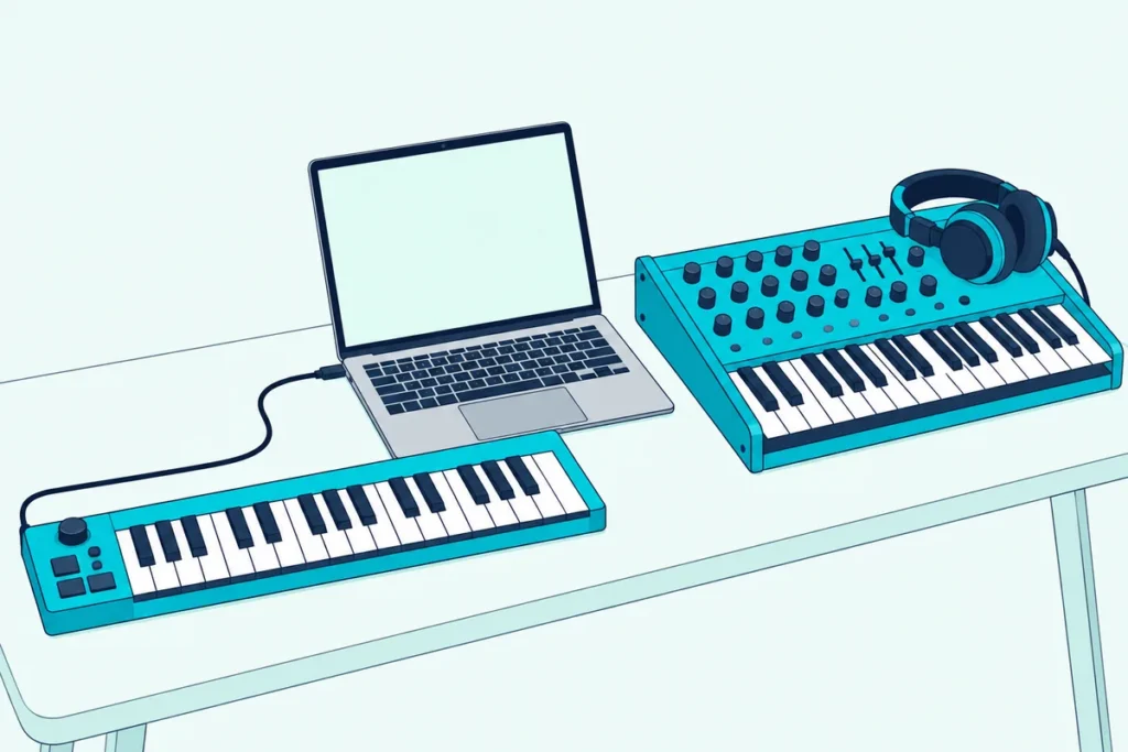 Slim MIDI keyboard linked to a laptop beside a hardware synthesizer covered in knobs