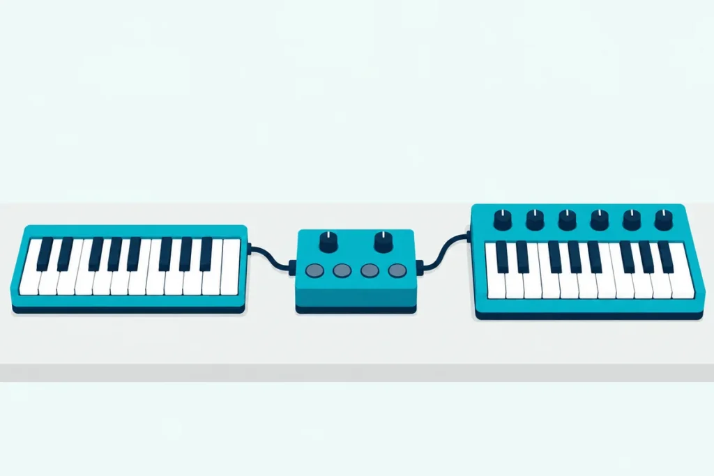 MIDI keyboard connected through a small looper box to a synthesizer