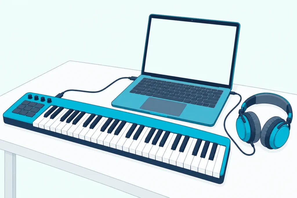 Compact MIDI keyboard connected by a USB cable to an open laptop with wired headphones beside it