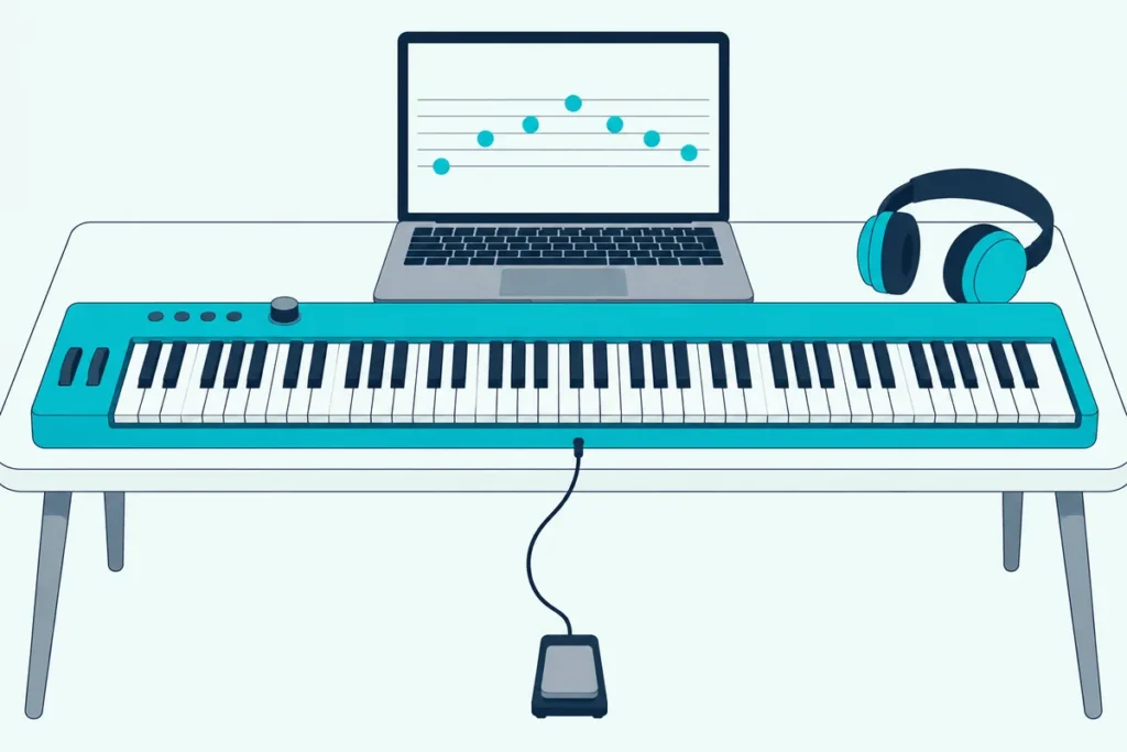 MIDI keyboard on a desk with a laptop, headphones and a sustain pedal on the floor below